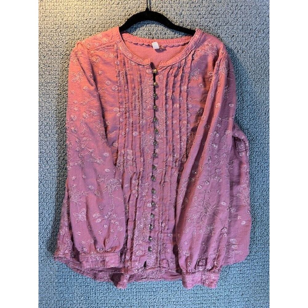 Anthropologie Pilcro Jolie Pintuck Blouse In Mauve Pink Embroidery Boho XL - Picture 2 of 14